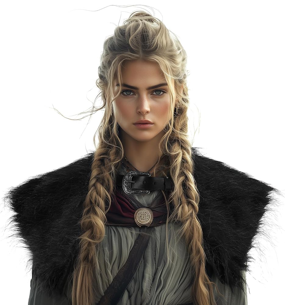 Black fur-like shoulder cape shown close-up on a model, with a front buckle and round decorative clasp