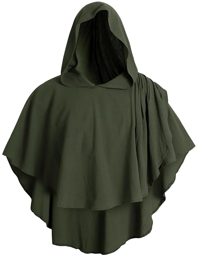 Olive green hooded cape with layered edges and gathered shoulder pleats, shown isolated against a white background