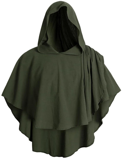 Olive green hooded cape with layered edges and gathered shoulder pleats, shown isolated against a white background