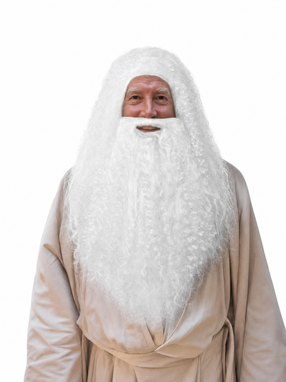 White curly wig with a long beard shown on a model wearing a beige robe