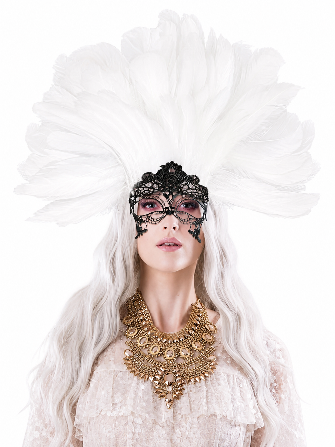 Masquerade Lace Eye Mask with White Feathers