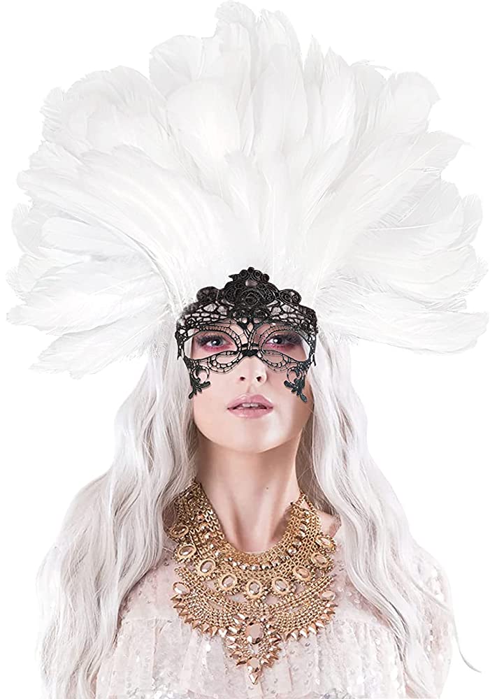 Masquerade Lace Eye Mask with White Feathers