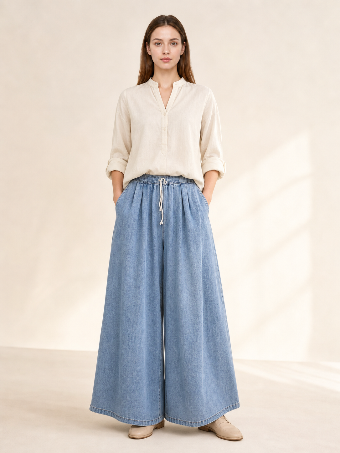 Light Blue Wide-Leg Jeans with Drawstring