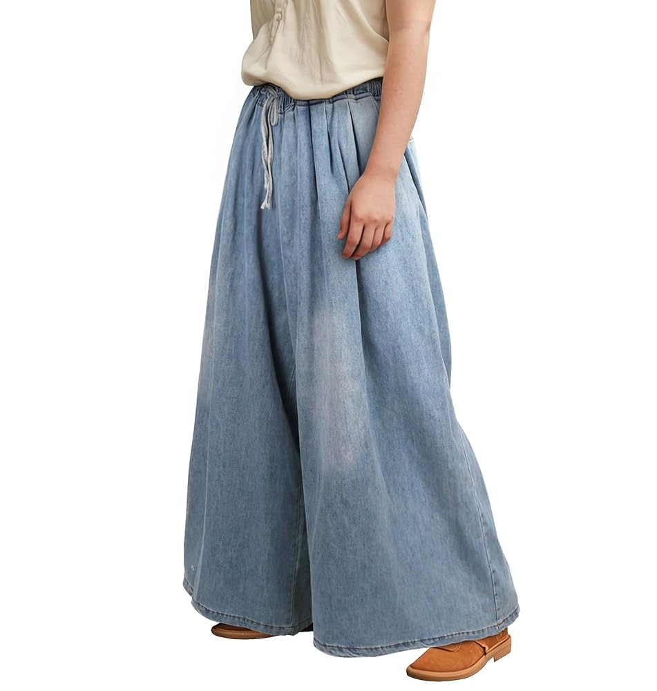 Light Blue Wide-Leg Jeans with Drawstring