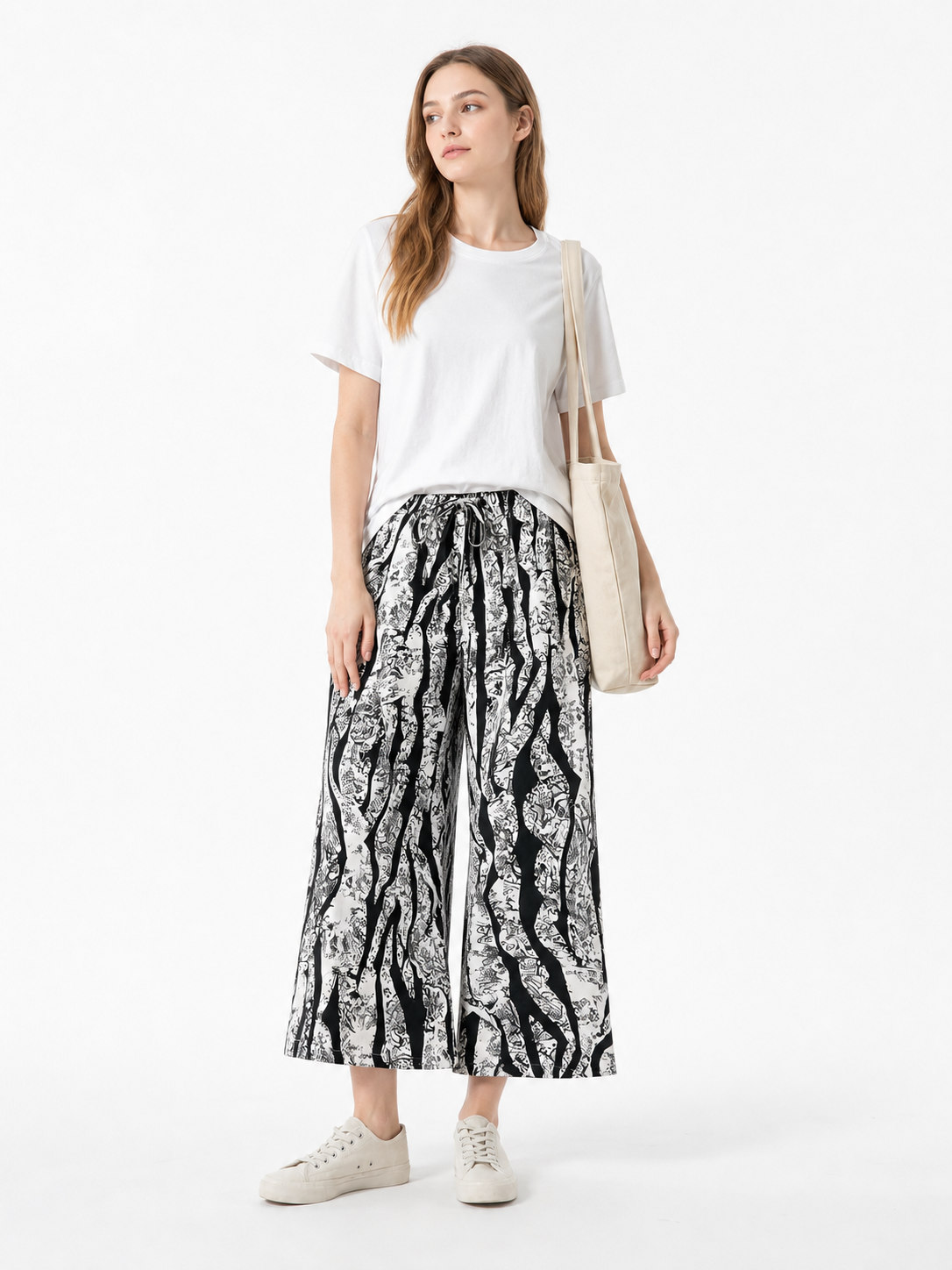 Wide-Leg Pants with Black-and-White Abstract Print