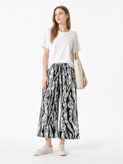Wide-Leg Pants with Black-and-White Abstract Print