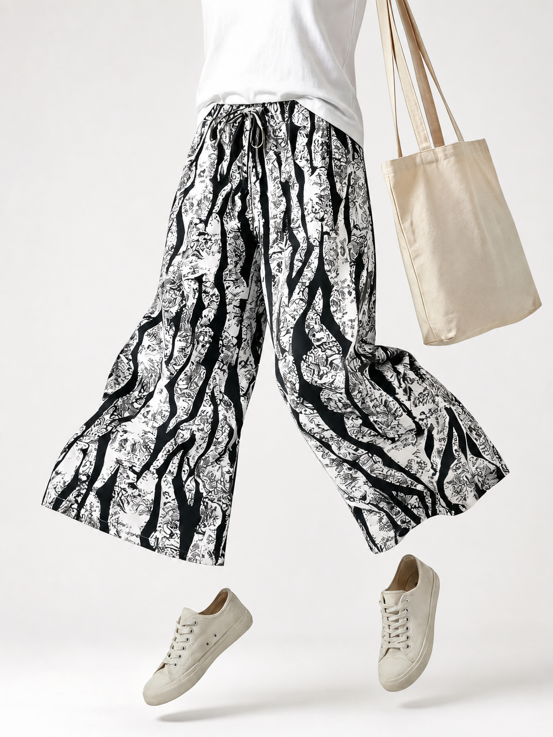 Wide-Leg Pants with Black-and-White Abstract Print