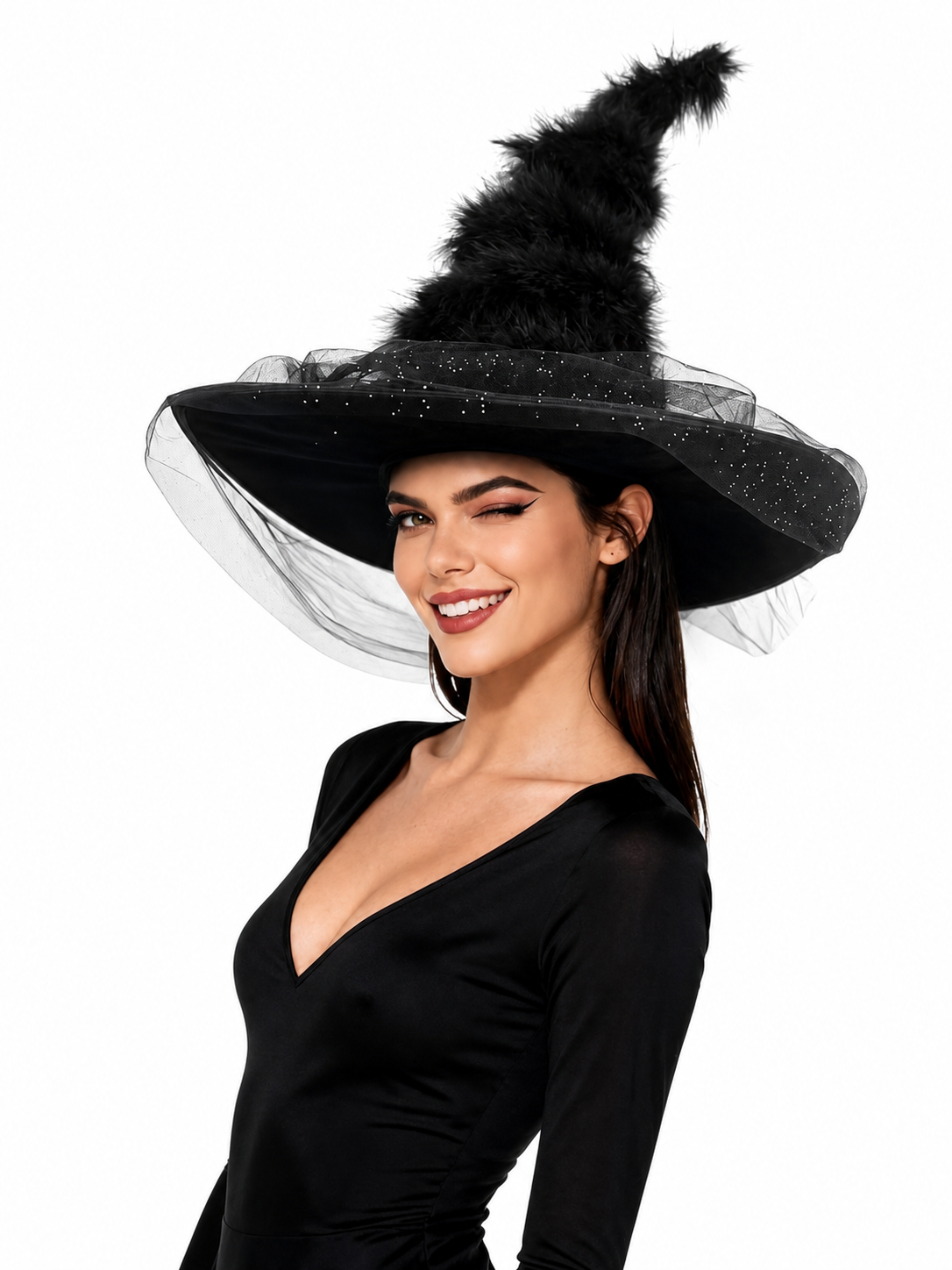 Black fuzzy witch hat with a wide glitter-dotted brim and sheer veil, shown on a smiling model against a white background