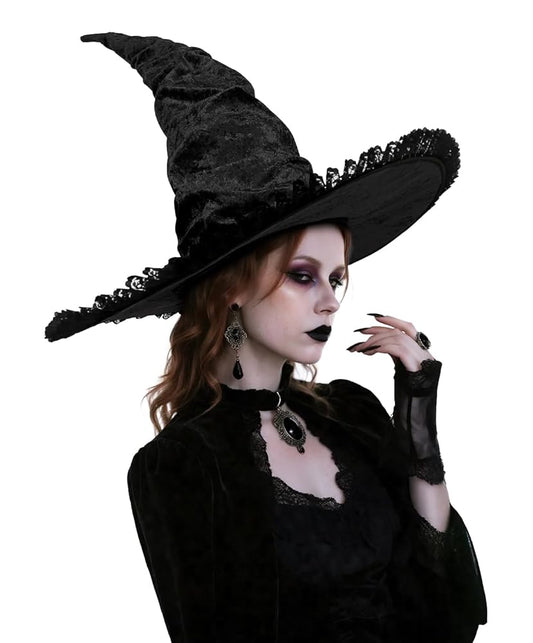 Black Halloween Witch Hat with Tall Crooked Pointed Crown, Wide Brim, Ruched Textured Velvet-Like Fabric and Lace Trim Gothic Costume Accessory for Cosplay Party Photo Shoot