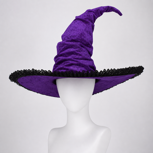 Purple Halloween Witch Hat Pointed Wide Brim Gothic Costume Accessory With Black Lace-Like Trim For Cosplay Themed Parties