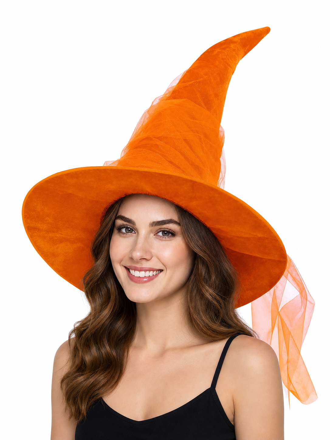 Orange witch hat modeled on a woman, showing the tall curved crown, wide brim and sheer veil against a white background