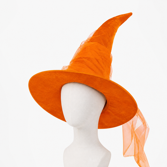 Orange Halloween Witch Hat with Very Tall Curved Pointed Crown, Wide Wavy Brim and Attached Sheer Veil for Costume Parties