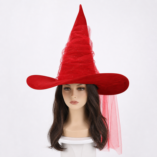 Red Halloween Witch Hat Tall Pointed Cone Wide Curved Brim Sheer Layered Glitter Speckled Costume Accessory for Parties and Photography