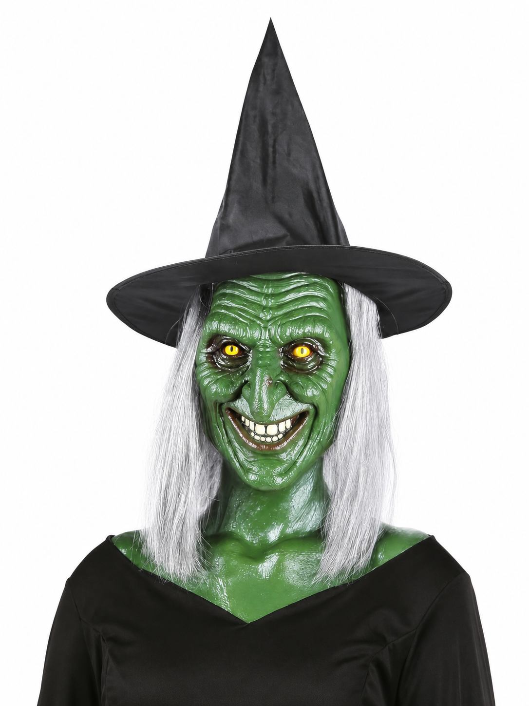 Green witch mask with yellow eyes, gray hair, and black pointed hat, shown from the front against a white background