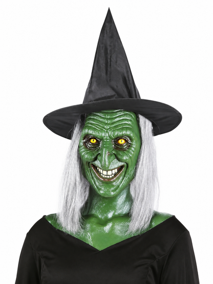Green witch mask with yellow eyes, gray hair, and black pointed hat, shown from the front against a white background