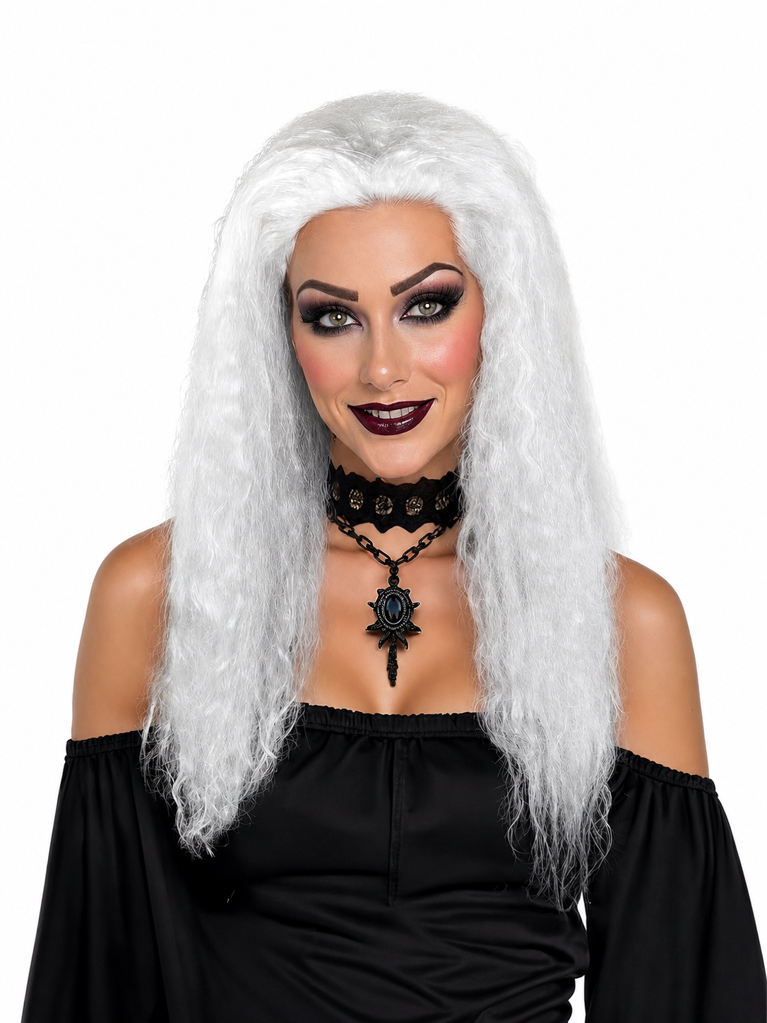 Long white wavy wig worn by a woman in a black off-shoulder outfit, shown from the front against a white background 2