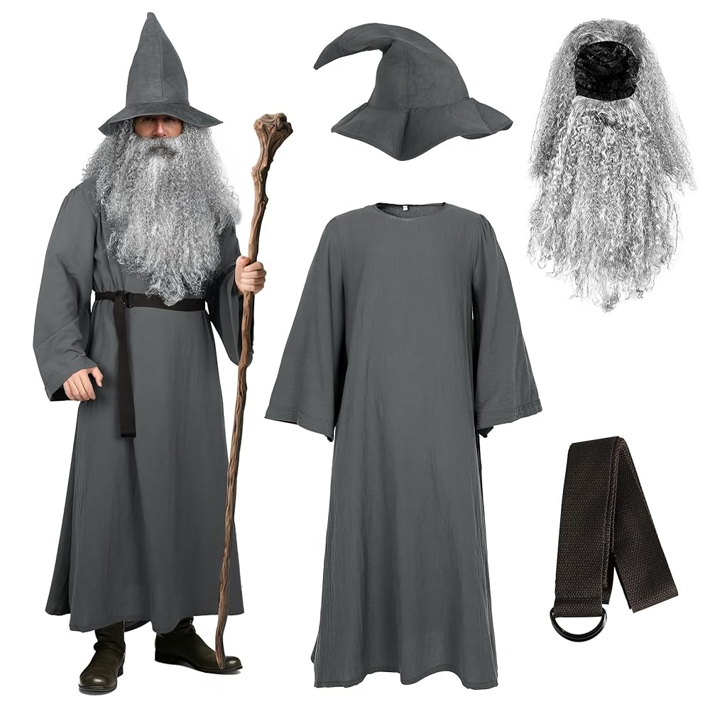 Gray fantasy costume set shown with a long robe, pointed hat, gray beard, black belt, and wooden staff