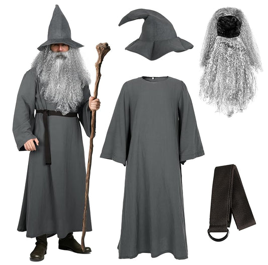 Gray fantasy costume set shown with a long robe, pointed hat, gray beard, black belt, and wooden staff