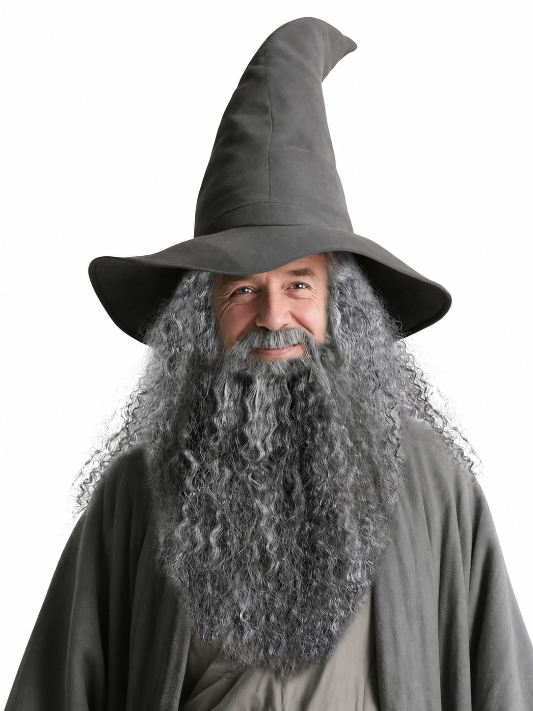 Pointed black hat with a long gray beard, shown in a front-facing studio portrait on a costumed model