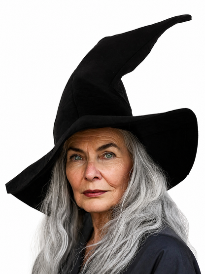 Black pointed fabric witch hat with a wide brim shown on an older woman against a white background