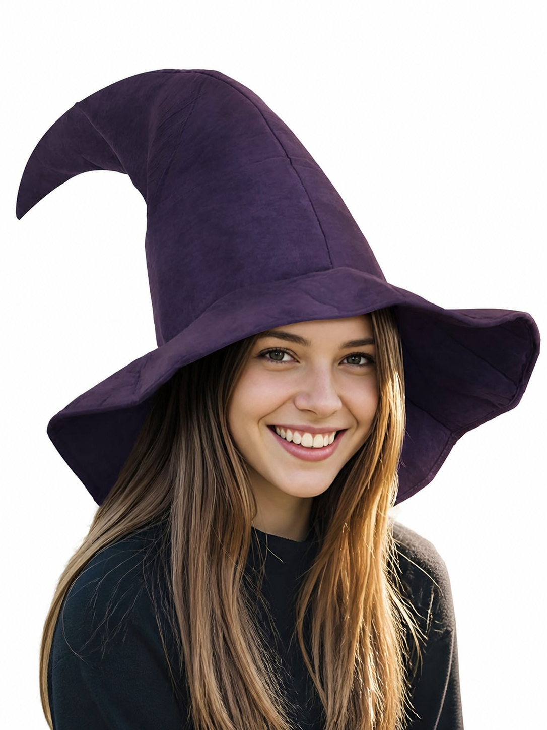 Purple witch hat with a bent pointed crown and wide floppy brim, shown on a smiling woman against a white background