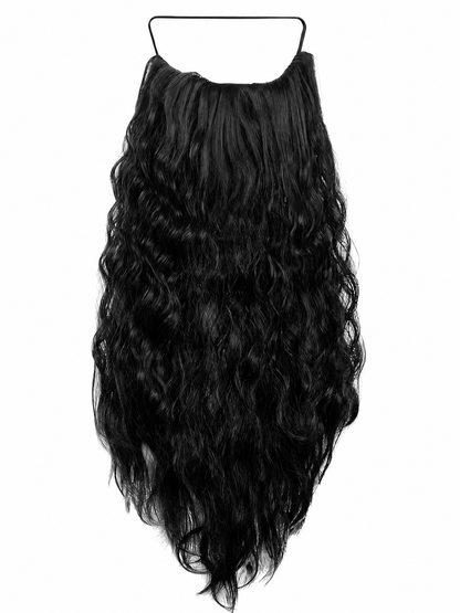Costume beard in long black wavy fibers, displayed alone against a white background with a thin ear loop