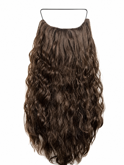 Long brown wavy costume beard displayed against a white background, showing its black headband and tapered lower edge