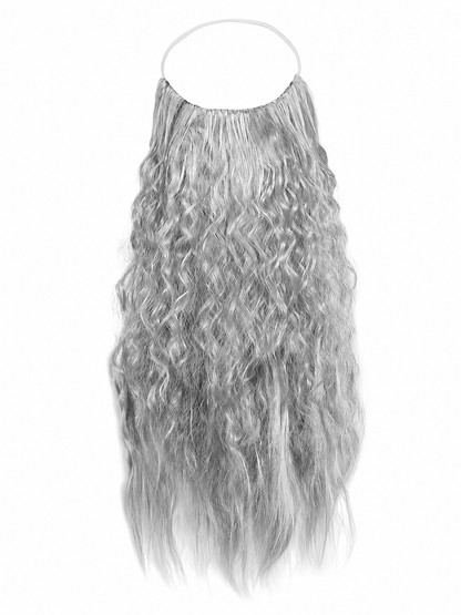 Gray wavy beard accessory displayed alone against a white background, showing long strands and a thin headband