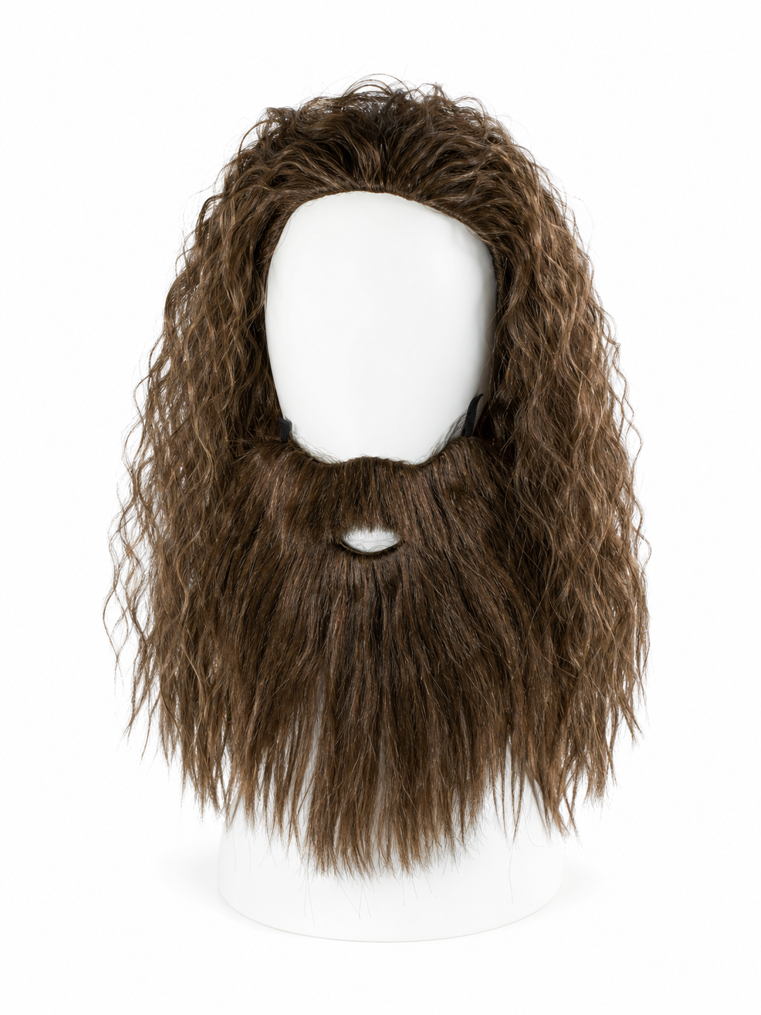 Long brown curly hair and beard accessory displayed on a white head-and-shoulders mannequin