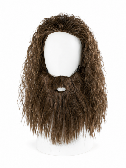Long brown curly hair and beard accessory displayed on a white head-and-shoulders mannequin