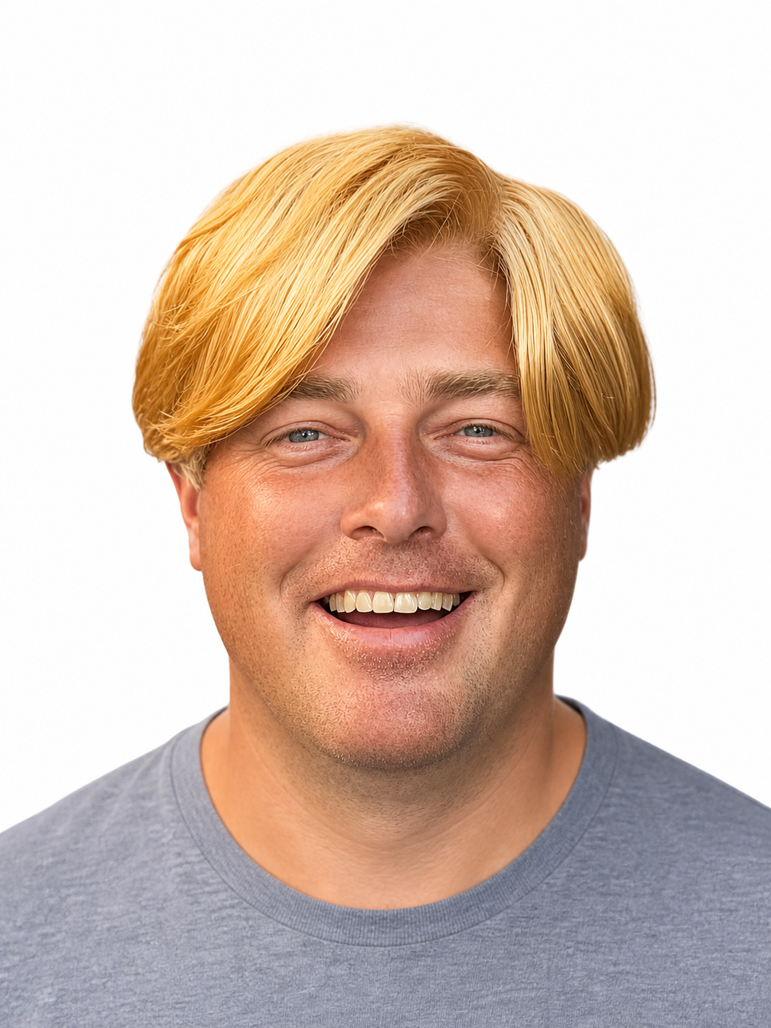 Golden short wig with side-parted bangs shown in a close-up front portrait on a model