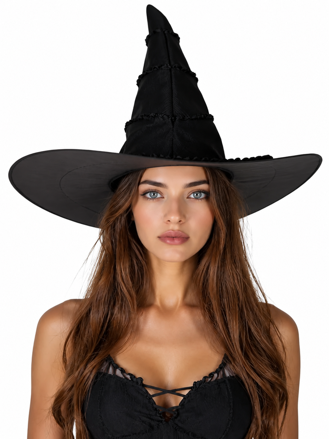 Black pointed witch hat with a wide brim worn by a front-facing model in a black lace-up top