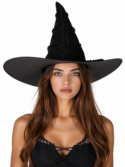 Black pointed witch hat with a wide brim worn by a front-facing model in a black lace-up top