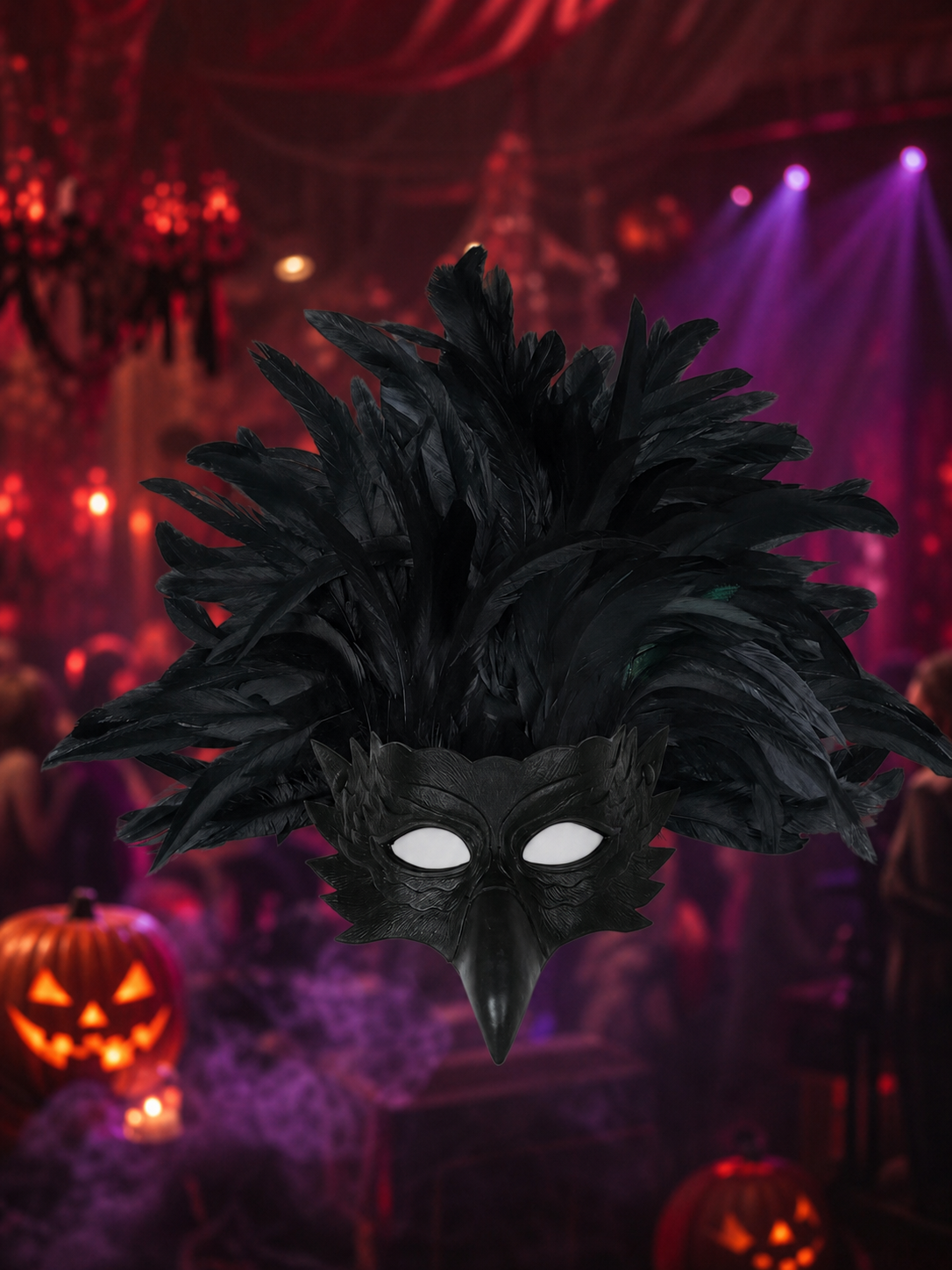 Black feathered bird mask displayed in front of a dimly lit Halloween-themed party scene
