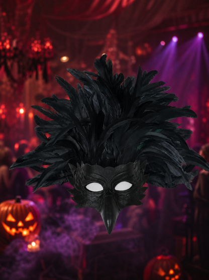 Black feathered bird mask displayed in front of a dimly lit Halloween-themed party scene