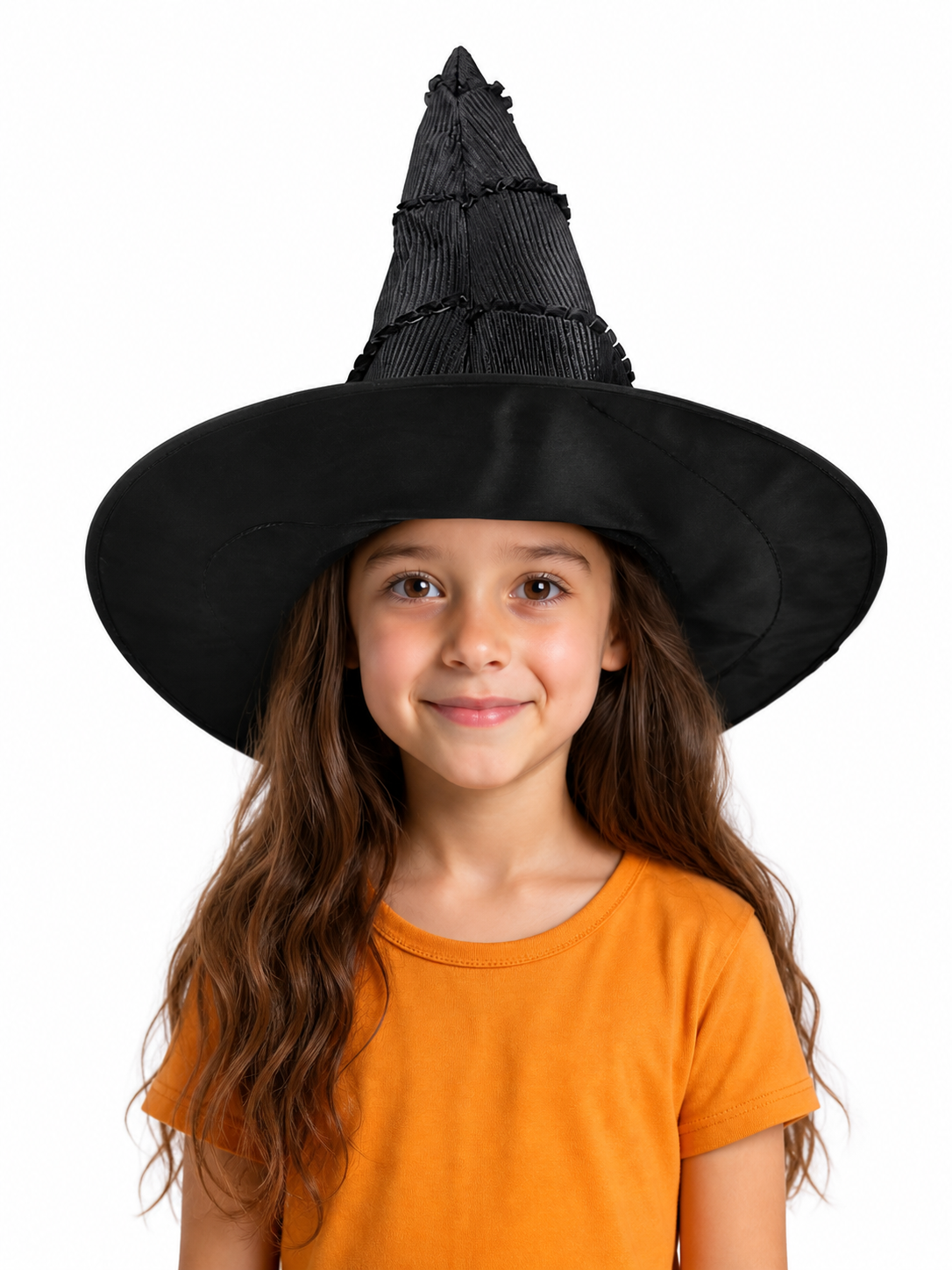 Black pointed witch hat with a wide brim and textured pleated cone, shown front-facing on a child model
