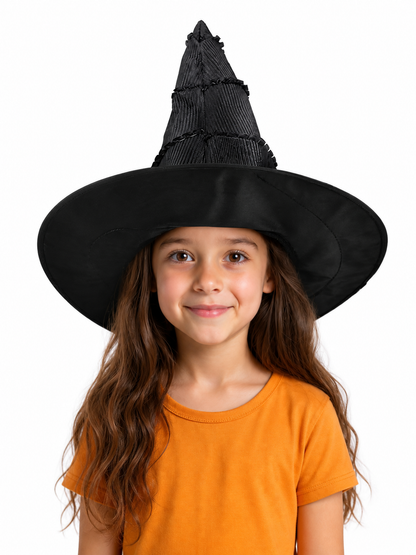Black pointed witch hat with a wide brim and textured pleated cone, shown front-facing on a child model
