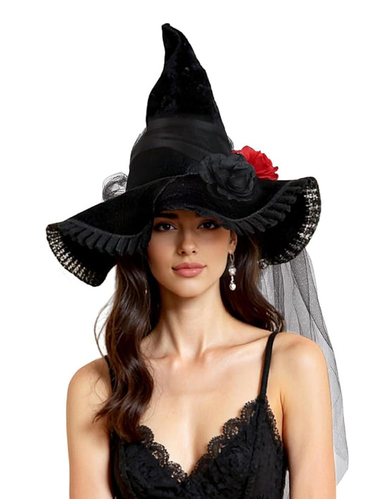 Black Halloween Witch Hat with Red Rose, Wide Brim, Tall Pointed Crown and Sheer Veil for Costume Parties and Photo Shoots