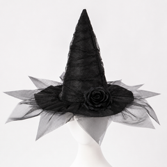 Black Halloween Witch Hat with Black Rose, Tall Pointed Wide Brim Mesh Costume Hat for Gothic Parties and Decorations