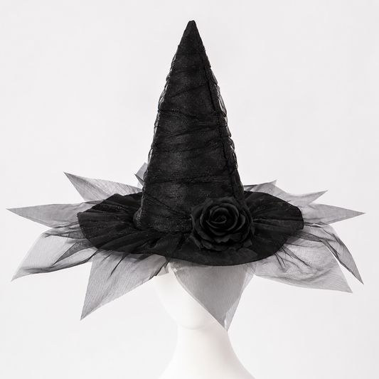 Black Halloween Witch Hat with Black Rose, Tall Pointed Wide Brim Mesh Costume Hat for Gothic Parties and Decorations