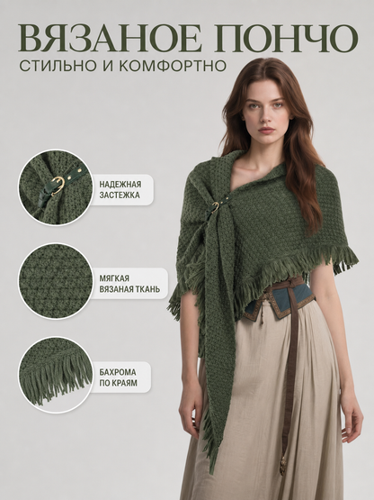 Triangular Wool Shawl with Long Fringe
