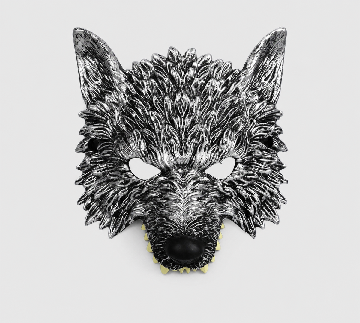 Silver and black wolf mask shown alone against a light background, with pointed ears, textured fur, snout, teeth, and eye openings