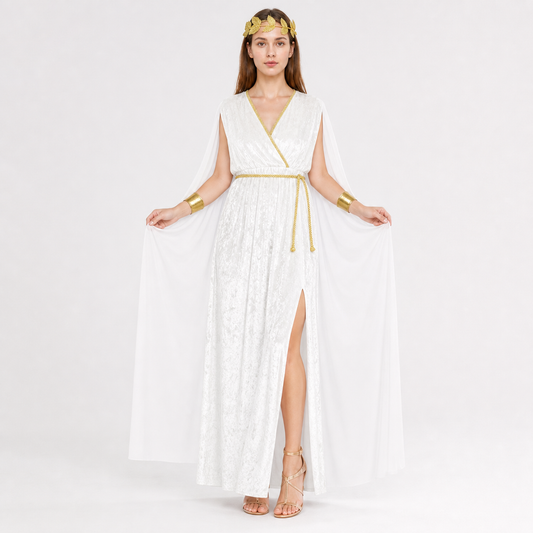 Women’s Greek Goddess Costume Dress, 4-Piece White Draped Outfit with Cape Panels, Leaf Crown Headband and Gold Wrist Cuffs for Cosplay Parties