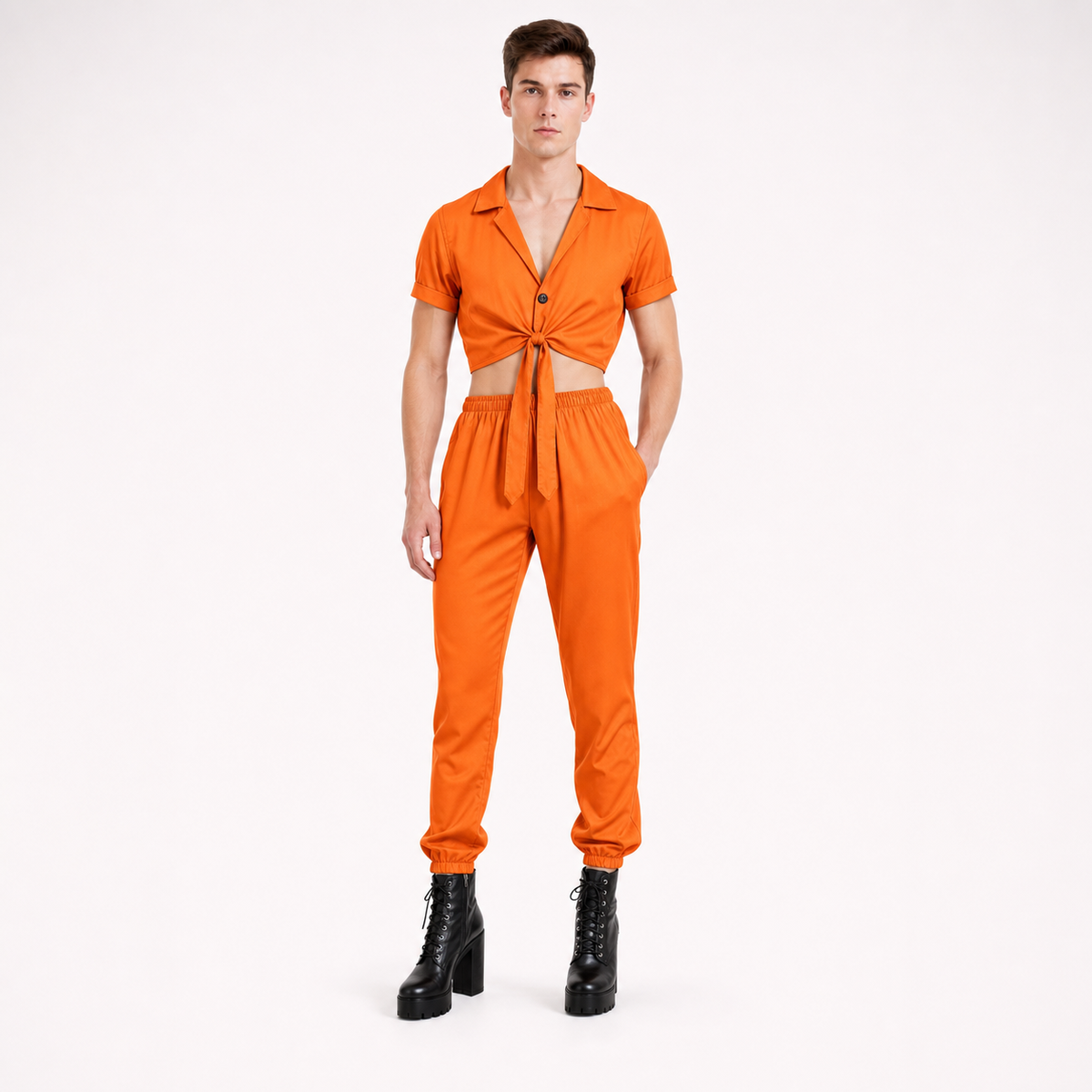 Orange collared tie-front top and elastic-cuff jogger pants, shown full-body on a man against a plain background