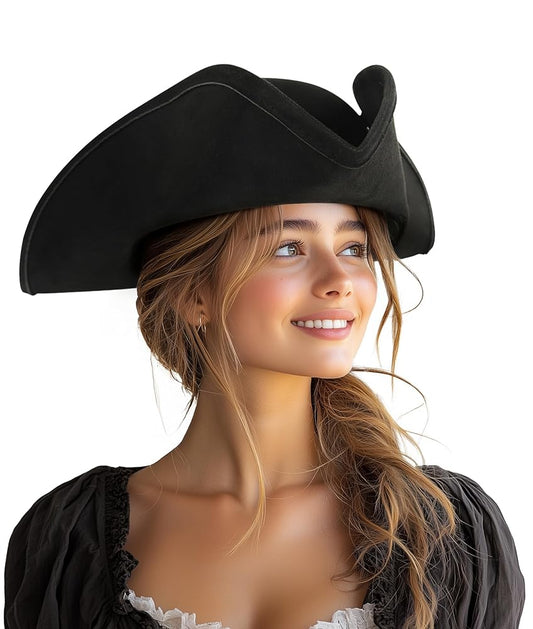 1pc Black Pirate Hat, Women's Three-Cornered Tricorn Costume Cap with Wide Curved Brim and Structured Crown for Cosplay, Halloween Parties and Themed Events