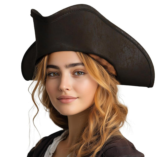 Women's Pirate Hat for Costume Parties, Cosplay and Themed Events, Tall Curved Crown, Wide Asymmetrical Brim, Dark Brown to Black Textured Design
