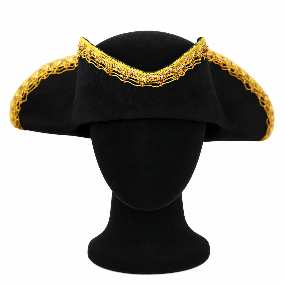 Black tricorn hat with gold edging displayed on a black mannequin head against a white background