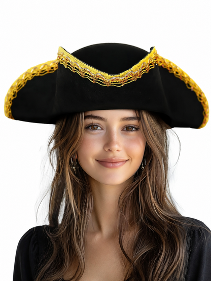 Black tricorn hat with ornate gold trim shown close up on a smiling woman against a white background