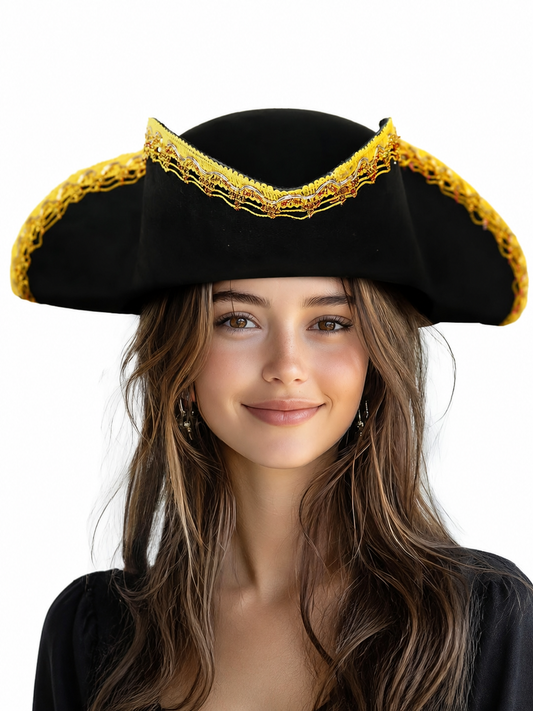 1pc Theatrical Pirate Tricorn Hat, Black Three-Cornered Style with Ornate Gold Trim and Wide Curved Brim for Costume Parties and Themed Events