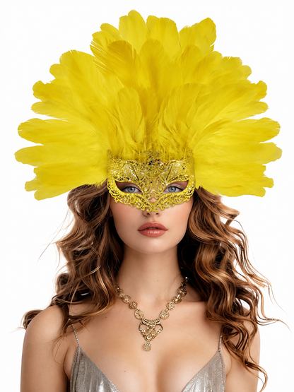 Front view of a gold glitter masquerade mask with a large fan of yellow feathers on a model
